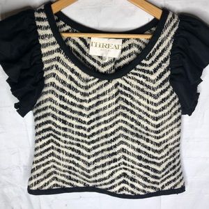 Thread Social Womens Short Sleeve Wool Blouse Top Ruffled Sleeve Side Zip size 6